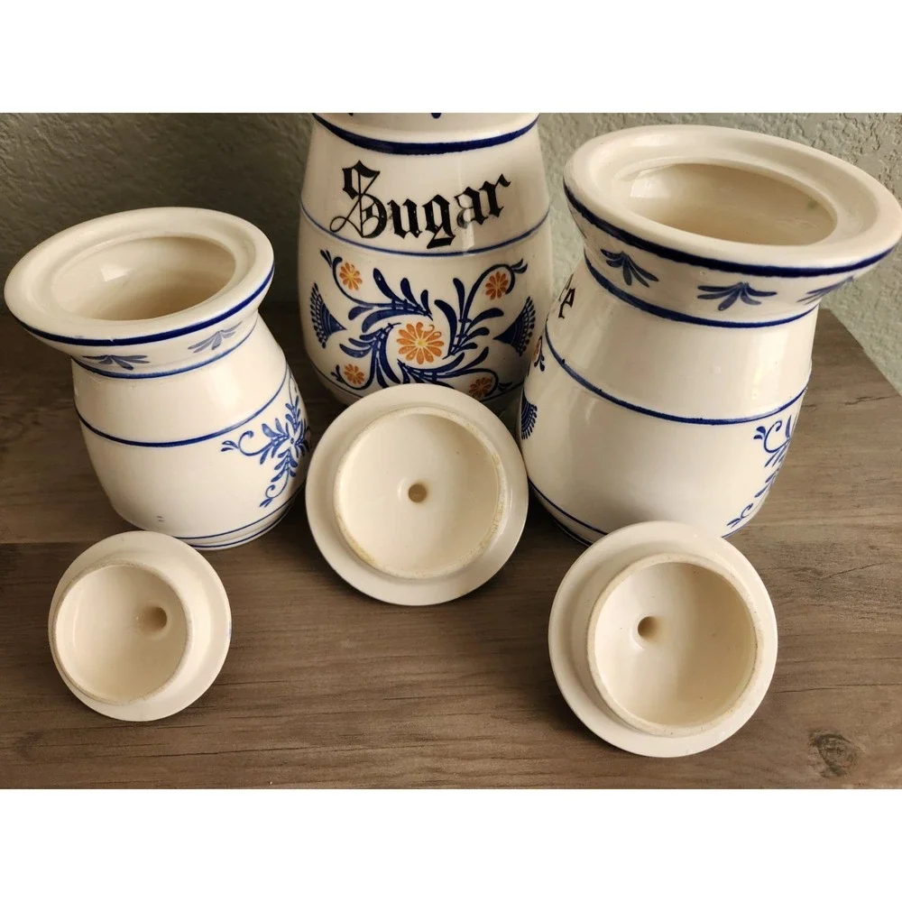 Royal Sealy Heritage Kitchen Canister Set+Lids 3 Pc 1950s Coffee Tea Sugar READ